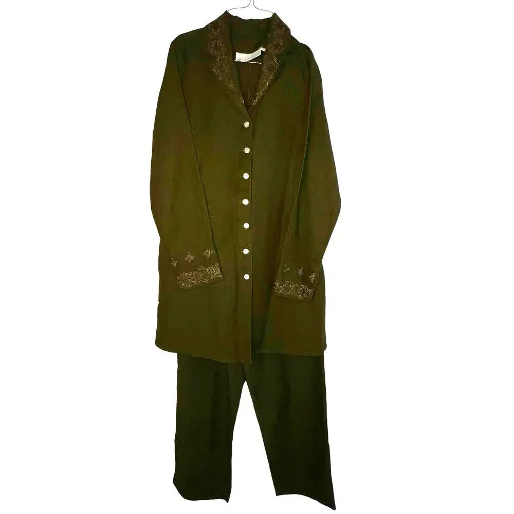 Scenario,36 duster jacket,38 elastic waist wide leg‎ Embroidered Linen pant Suit
